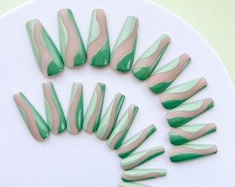 Matcha Swirl Press-on Nail Set 20pc - Long Ballerina (Matte & Shine Finish)