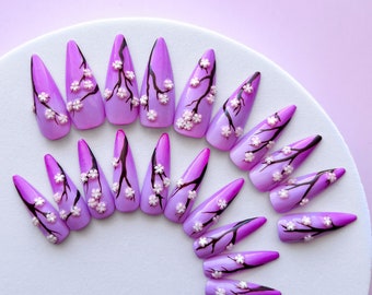 Cherry Blossom Press-on Nail Set - 20pc Set - Long Pointed Almond