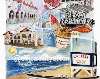 May include: A watercolor painting of a collage of images depicting Ocean City, New Jersey. The collage includes a Ferris wheel, a boardwalk, a beach, a lifeguard stand, a pizza shop, and a popcorn stand. The painting is in a whimsical style and features bright colors.