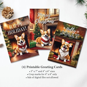 Printable Christmas Holiday Greeting Cards Bundle  - Corgi Dog Cozy Fireplace - 4" x 6" and 5" x 7"