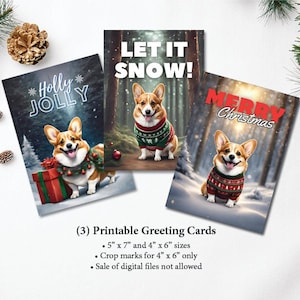 Printable Christmas Holiday Greeting Cards Bundle  - Corgi Dog Sweater Woods - 4" x 6" and 5" x 7"