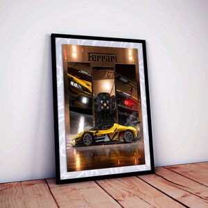 May include: Framed print featuring a yellow and black Ferrari race car. The artwork is divided into three vertical panels, showcasing the car's details, including the steering wheel and rear. The word "Ferrari" is at the top.