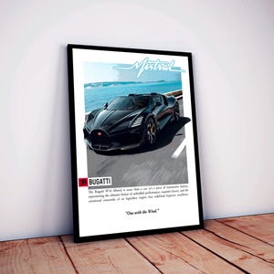 Pode incluir: Impressão emoldurada com um carro esportivo Bugatti Mistral preto em uma estrada costeira. A imagem inclui o texto "Mistral" e "BUGATTI", juntamente com a frase "One with the Wind."