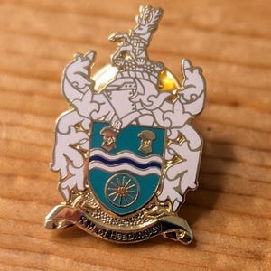 Puede incluir: Un pin de cresta de color dorado con un diseño detallado que presenta un escudo, una corona y volutas. El pin está junto a una moneda canadiense sobre una superficie de madera. La cresta tiene detalles en blanco, verde azulado y dorado.