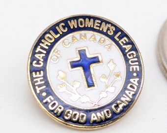 Vintage Catholic Women's League Pin | CWL Canada Brooch | Blue Enamel Cross | Gold-Toned Lapel Pin | 1970s Religious Badge