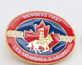RCMP Members First Lapel Pin | SRR RRF Mountie Badge | Red and Blue Enamel Oval | Gold-Toned Hat Pin | 1990s