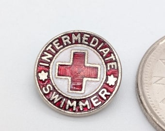 Vintage Canadian Red Cross Intermediate Swimmer Lapel Pin | Red Enamel Silver-Toned Badge | 1960s Swimming Award