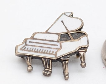 Vintage Grand Piano Brooch - Sterling Silver Enamel Music Instrument Pin - White Baby Grand Musician Badge