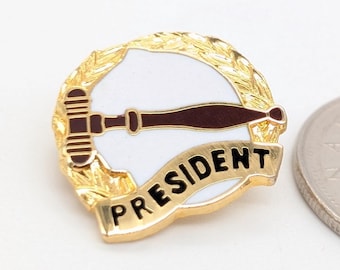 Vintage President Gavel Brooch - Gold-Toned Enamel Club Officer Pin - Laurel Wreath Leadership Badge