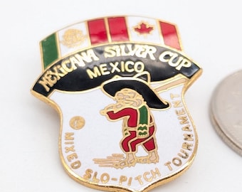Vintage Mexicana Silver Cup Pin | Mixed Slo-Pitch Tournament Brooch | Gold-Toned Enamel | Canada Mexico Flags | 1990s