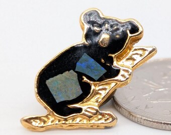 Vintage Koala Bear Lapel Pin | Black Enamel & Faux Opal Inlay | Gold-Toned Animal Hat Pin | Australian Souvenir Brooch | 1990s