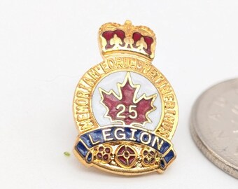 Royal Canadian Legion 25 Year Pin | Memoriam Eorum Retinebimus Veteran Badge | Gold-Toned Enamel | 1980s Screw Back