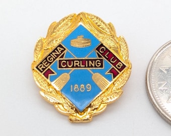 Vintage Regina Curling Club Pin - Saskatchewan 1889 Brooch - Gold-Toned Enamel Canadian Sports Badge