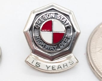 Vintage Oregon State Highway Dept Pin - Sterling Silver CTO 15 Years Service Badge - Screw Back Enamel Lapel Pin
