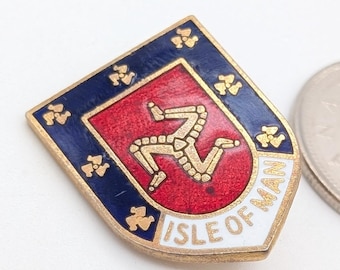 Vintage Isle of Man Shield Pin | Triskelion Travel Badge | Cairnart Gold-Toned Enamel Brooch | 1980s