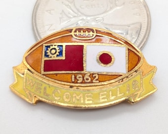 1962 Welcome Ellis Football Pin | Taiwan Japan Flags Lapel Pin | Gold-Toned Enamel Brooch | 1960s Commemorative
