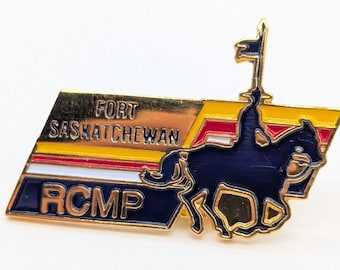 Fort Saskatchewan RCMP Lapel Pin | Mountie on Horseback Enamel Badge | Gold-Toned Vintage Souvenir | 1980s Era