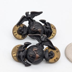 Set of 2 USMC Eagle Globe Anchor Pins | Marine Corps Collar Insignia | Dark Bronze Toned | Vintage Military Hat Badges