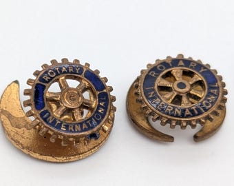 Set of 2 Vintage Rotary International Pins | Blue Enamel Gear Wheel | Brass Toned Lapel Button | Club Insignia | 1930s