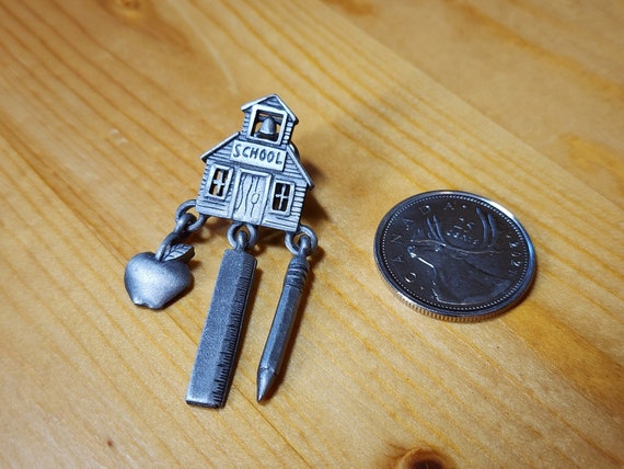 Vintage Silver Toned School House Pin With Charms… - image 2