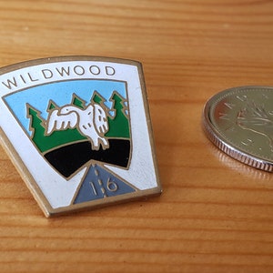 May include: A gold-colored pin with a white, blue, green, and black enamel design. The pin features a bird in flight, trees, and the text "WILDWOOD 116".