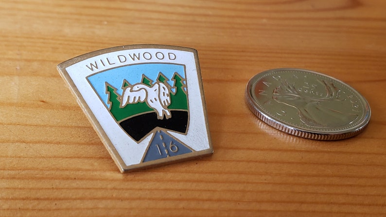 May include: A gold-colored pin with a white, blue, green, and black enamel design. The pin features a bird in flight, trees, and the text "WILDWOOD 116".