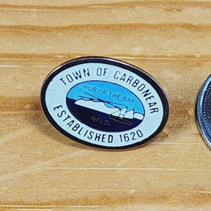 Town of Carbonear Hub of the Bay N.F.L.D Established 1620 Brooch Pin Unique Rare Hat Pin Lapel Pin Vintage Pin Retro Pin Enamel Pin