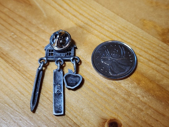 Vintage Silver Toned School House Pin With Charms… - image 3
