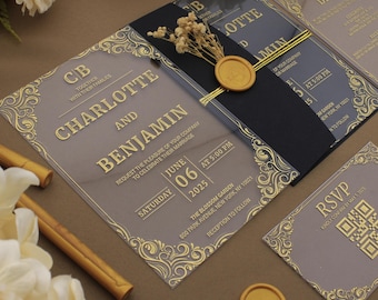 Gold Foil Acrylic Wedding Invitation Set, Clear Acrylic Card with Black Envelope, Wax Seal and Custom RSVP QR Code