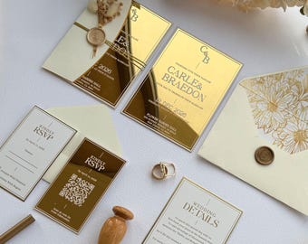 Luxury Gold Mirror Acrylic Wedding Invitation with Cream Envelope, Elegant Wedding Suite