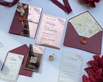 Rose Gold Mirror Acrylic Wedding Invitation with Burgundy Envelope, Luxury Modern Wedding Invite Suite