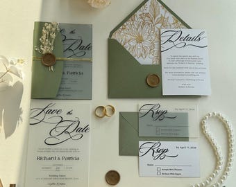 Frosted Acrylic Wedding Invitation Suite with Sage Green Envelope: RSVP & Details Card, Modern Wedding Design