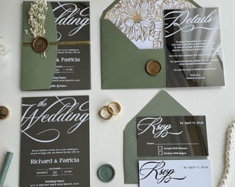 Modern Silver Mirror Acrylic Wedding Invitations: Sage Green Envelope, Floral Wax Seal, RSVP & Details