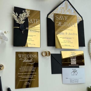 Gold Mirror Acrylic Wedding Invitation Suite with Save the Date & RSVP Card: Black Envelopes, Wedding Details, QR Code RSVP