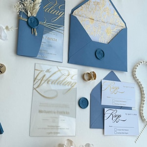 Modern Clear Acrylic Wedding Invitation Suite: Dusty Blue Envelope, Gold Foil Printing, RSVP & Details Card