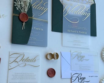 Frosted Acrylic Wedding Invitation Suite: Dark Green Envelopes, RSVP & Details Card, Elegant Custom Wedding Set