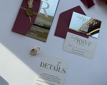 Modern Silver Mirror Acrylic Wedding Invitation, Burgundy Envelope, Luxury Wedding Invitation Suite