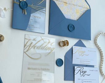 Modern Clear Acrylic Wedding Invitation Suite: Dusty Blue Envelope, Gold Foil Printing, RSVP & Details Card