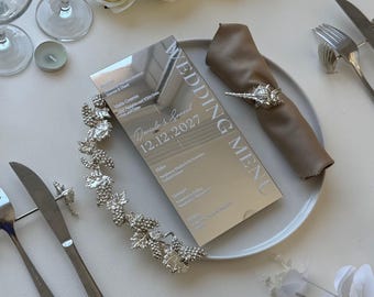 Silver Mirror Acrylic Reception Menu | Elegant Wedding Menu Card | Personalized Decor