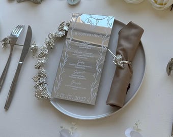 Modern Silver Mirror Acrylic Wedding Menu Card | Elegant Reception Table Decor