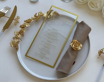 Clear Acrylic Gold Foil Wedding Menu | Custom Menu Card for Elegant Reception