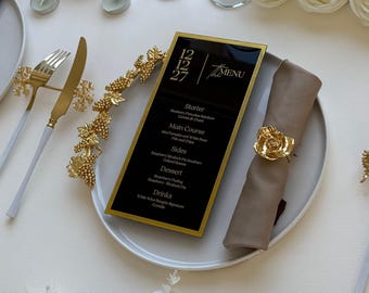 Black Acrylic Gold Foil Wedding Menu | Custom Luxury Menu Card for Reception