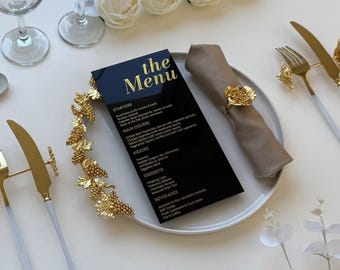 Black Acrylic Gold Foil Wedding Menu | Custom Menu Card for Elegant Reception