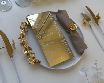 Gold Mirror Acrylic Wedding Menu Card | Personalized Reception Menu | Luxury Wedding Table Decor