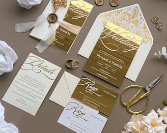 Luxury Gold Mirror Acrylic Wedding Invitation, Cream Envelope Set, Modern Elegant Wedding Invitation Suite