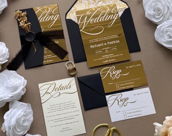 Gold Mirror Wedding Invitation Suite, Black Ribbon Envelope, Luxury Acrylic Invitation Set for Elegant Weddings