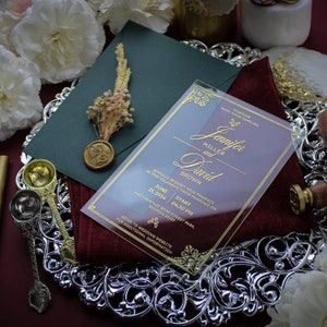 Wedding invitations sets green  | Floral wedding invitation suite  | Acrylic wedding invitations with qr code | Quince invitation gold