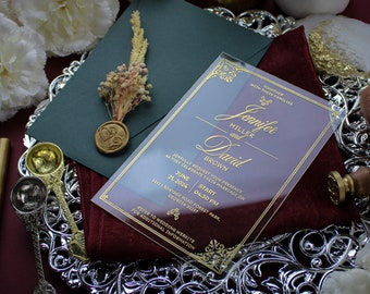 Wedding invitations sets green  | Floral wedding invitation suite  | Acrylic wedding invitations with qr code | Quince invitation gold