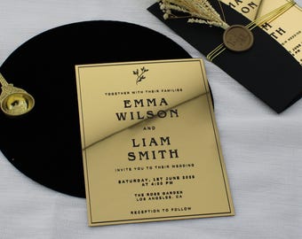 Gold Acrylic Wedding Invitation: Rustic Style, Personalized Card