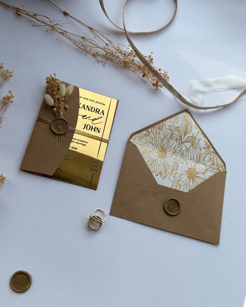 Mirror Gold Acrylic Wedding Invitation: Luxury Invitation Suite with RSVP Card, Wedding Details Insert and Floral Lined Envelope Package 6